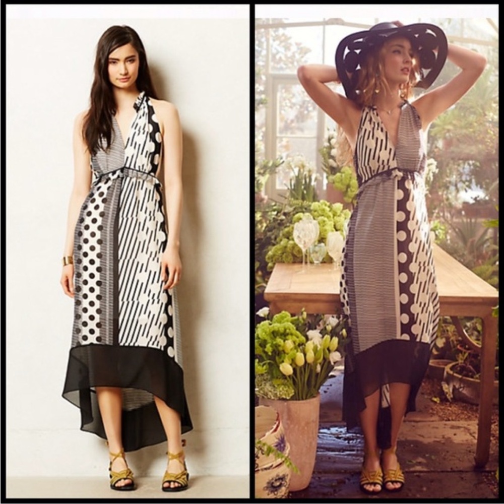 Anthropologie Maeve Geometric Dots/Stripes Halter Hi-Lo Dress‎ Size 6